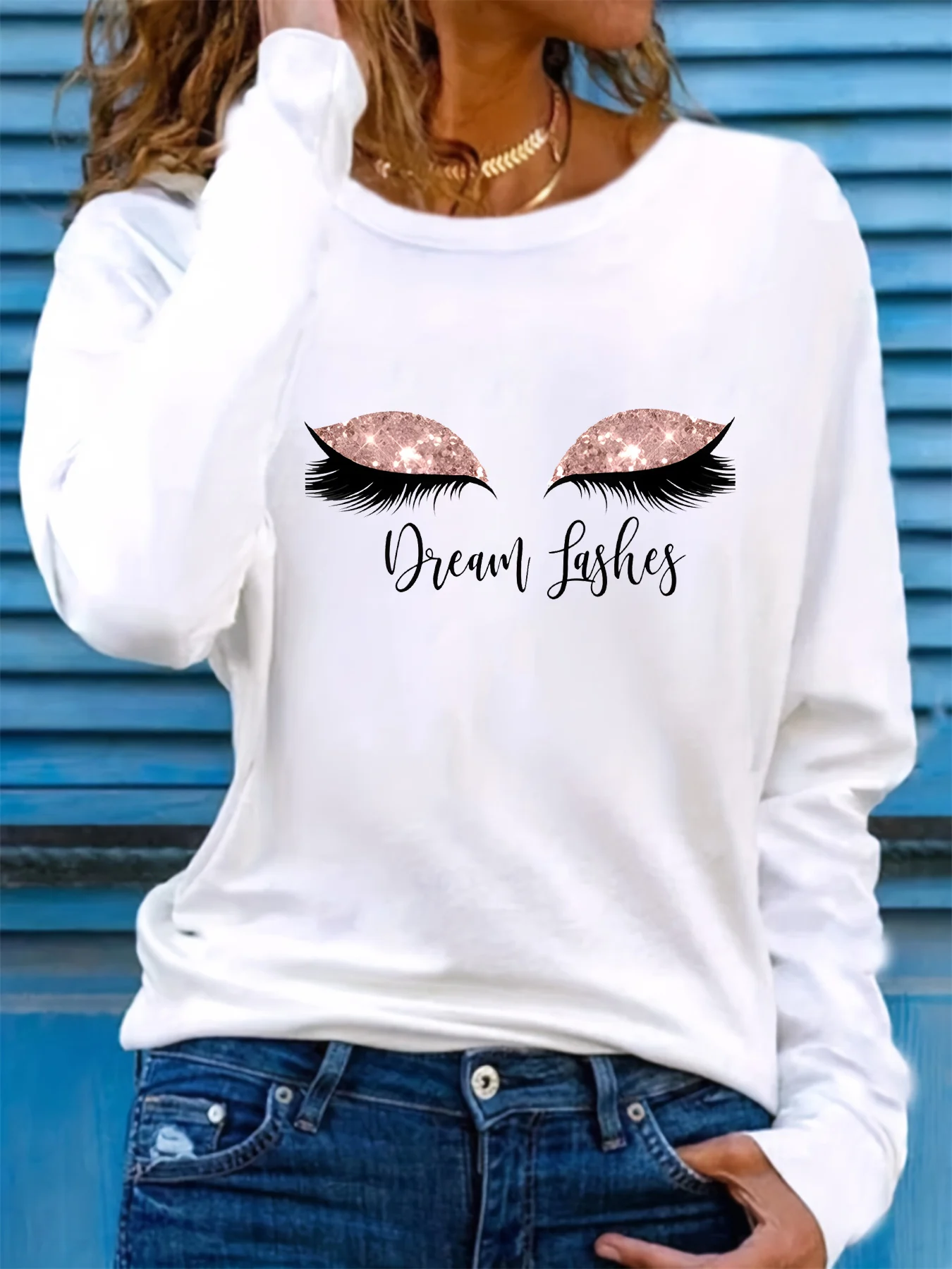 

100% pure cotton women's spring and autumn loose casual fashion eyelash eye graphic print long sleeved round neck T-shirt