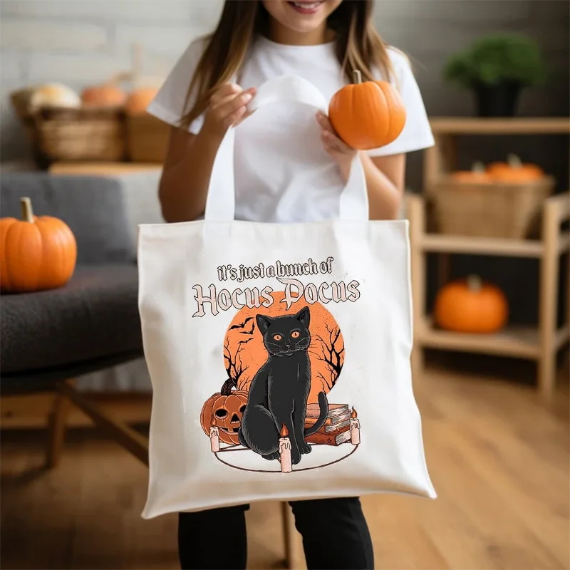 It\'s Just A Bunch of Hocus Pocus Halloween Canvas Tote Bag for Women Halloween Black Cat Graphic Halloween Decoration Party Gift