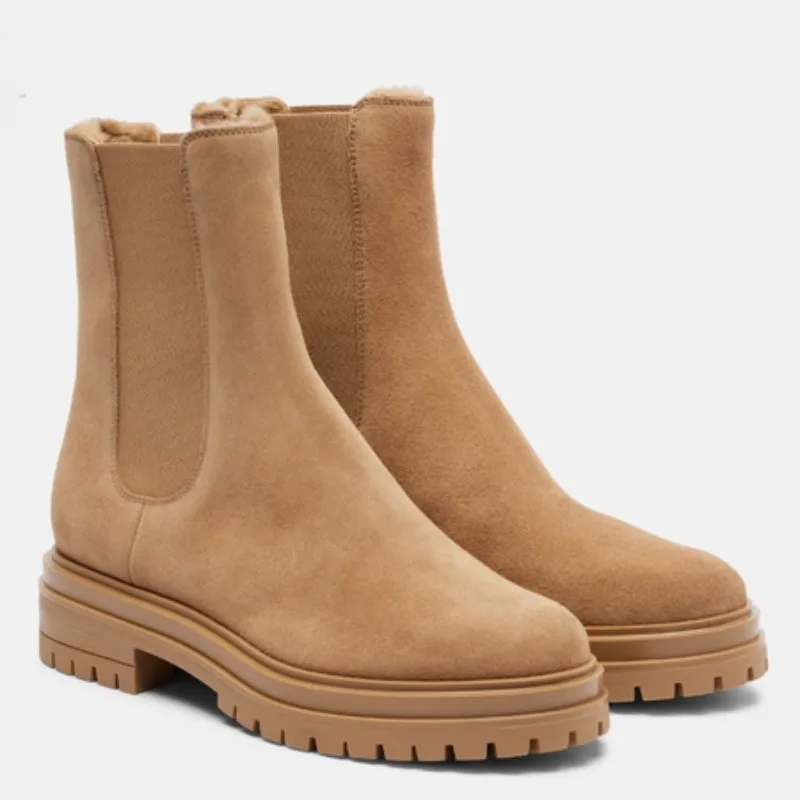 

European and American Women's Cowhide Suede Thick High-heeled Warm Short Boots, Round Headed Thick Soled Knight Boots