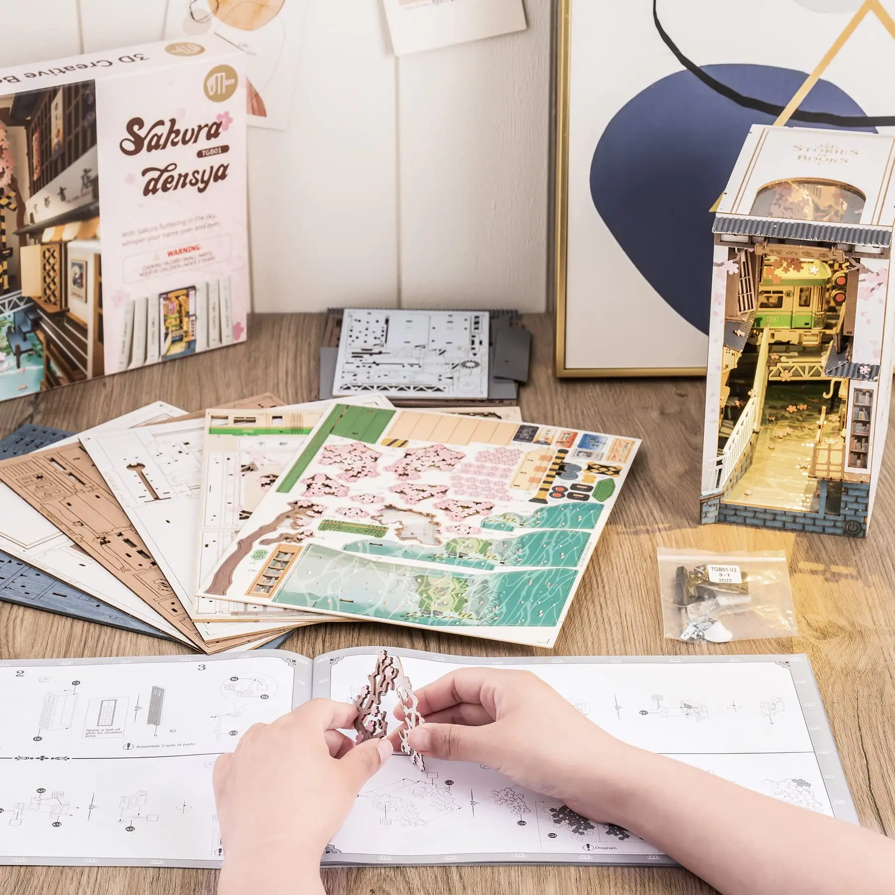 Rolife DIY 3D Wooden Book Nook Puzzle Kit with LED Bookend Diorama Miniature Bookshelf Set Ideal Gift for Adults And Teens