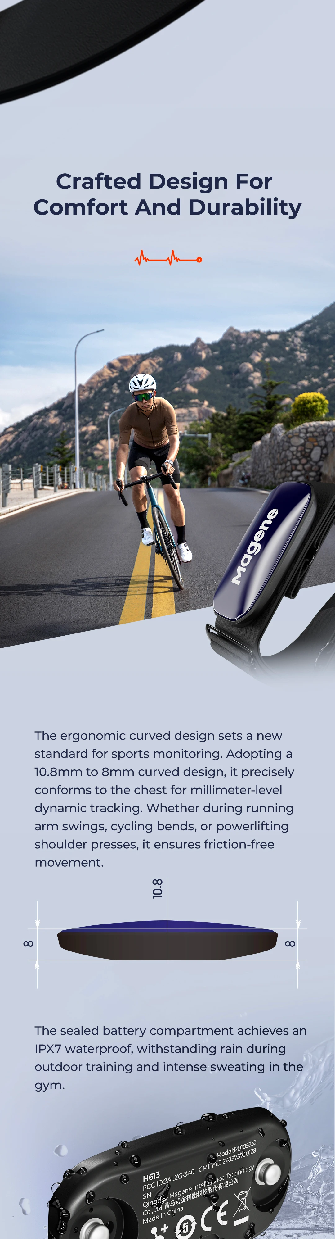 Magene H613 Herzfrequenzmesser, geteilter Brustgurt, 3-Kanal-Bluetooth, wiederaufladbarer Herzfrequenzsensor, Gesundheits-App, kompatibel mit Zwift – Detail 6
