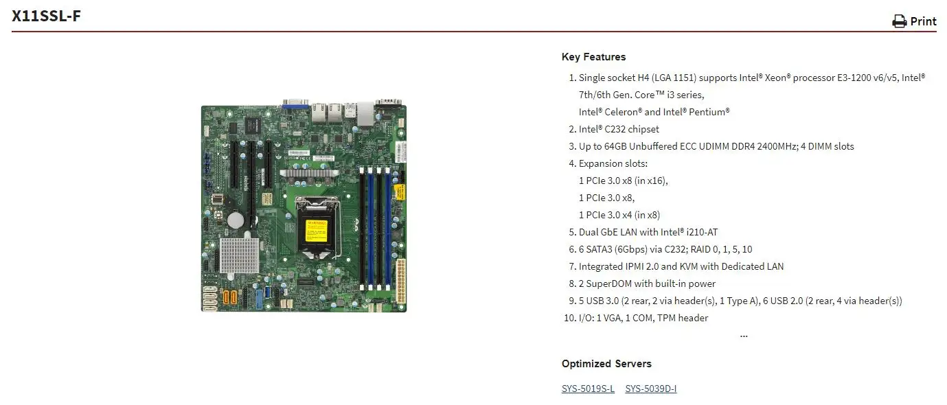 X11SSL-F Motherboard LGA 1151  Xeon processor E3-1200 v6/v5, 7th/6th Gen. Core i3 series