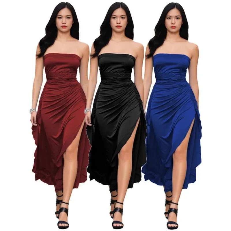 Sexy Solid Pleated Strapless Dress Lady Chic Off-shoulder Backless High Waist Split Dresses Women 2026 Evening Party Gown New