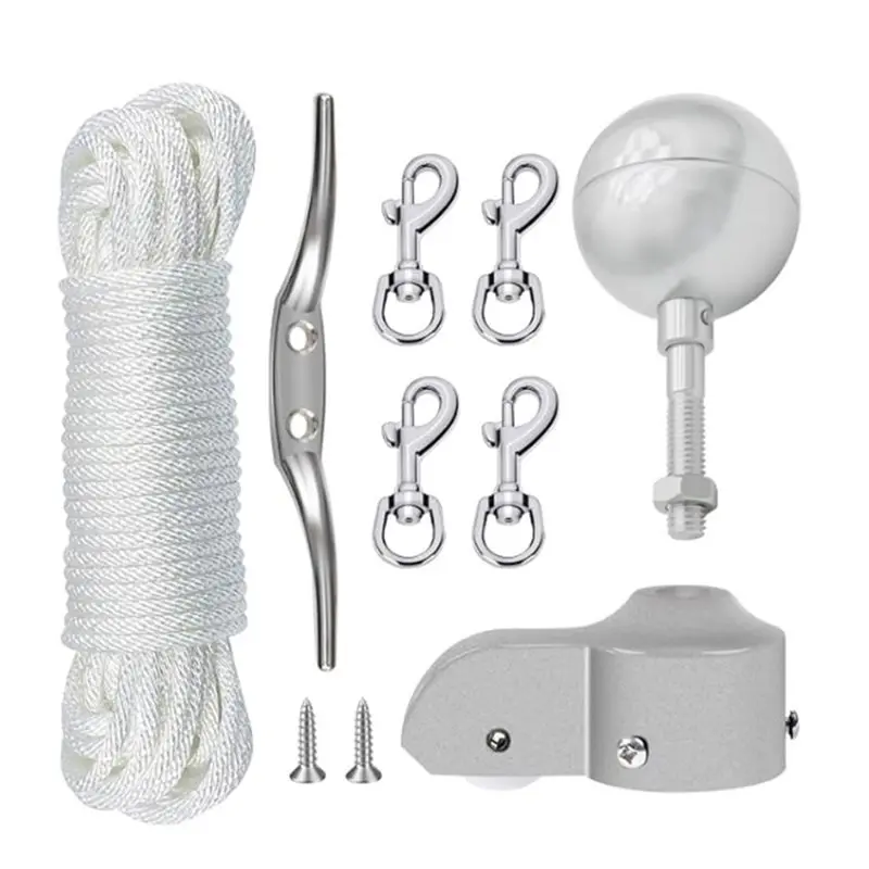 NEW HOT In Stock-Flag Pole Ball Topper& Hardware Parts Repair Kit Halyard Rope, Cleat Hook, Flag Swivel Snap Clips Silver