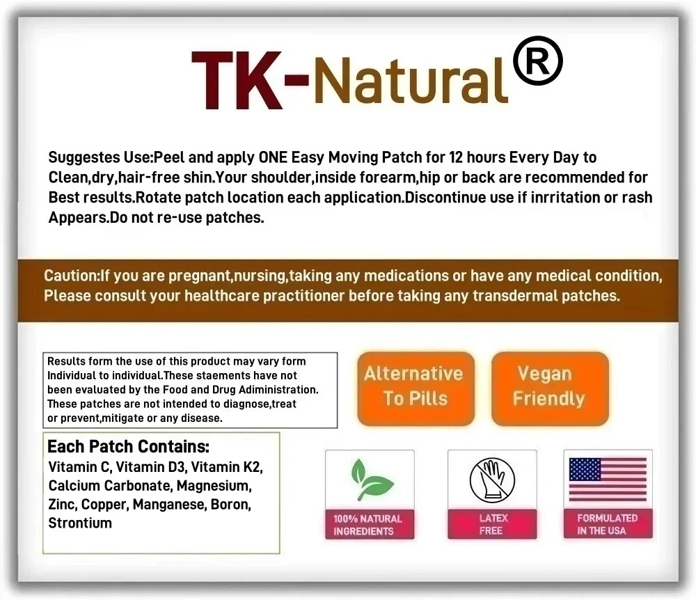 カルシウム、ビタミンD、マグネシウム配合の骨と関節の経皮パッチ30枚入り。骨の健康、強さ、成長をサポートします。