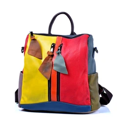 Genuine Leather Cowhide Women Backpack Colorful Vintage Clash Casual Handmade Bags Women's Shoulder Bags