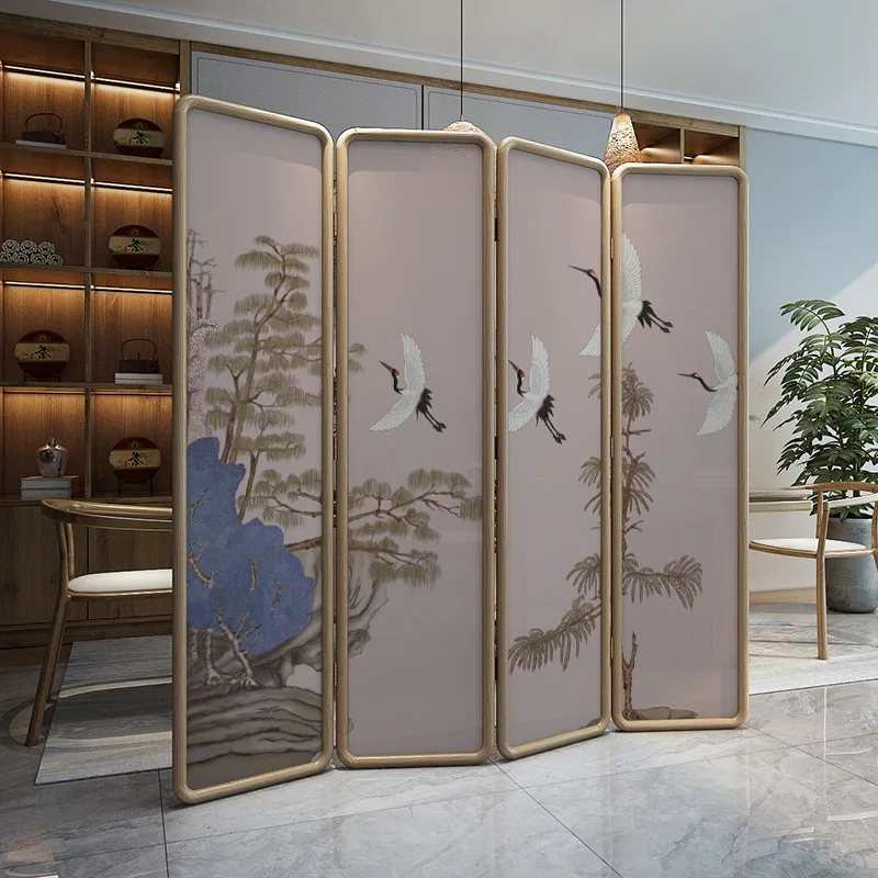Medieval solid wood screen folding movable living room partition bedroom household tea room office crane folding screen
