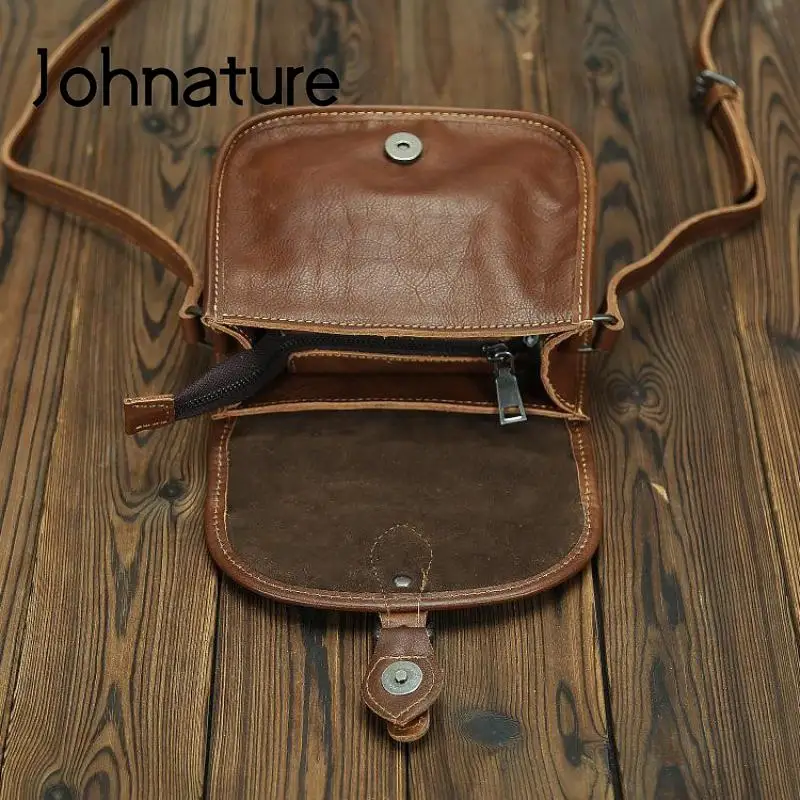 Johnature Vintage Natural Real Cow Leather Women Bag 2024 New Versatile Solid Color Soft Cowhide Small Square Shoulder Bags