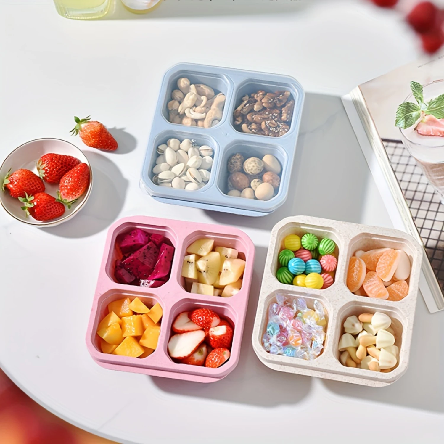 

4pcs, Reusable 4 Compartments Bento Snack Box Meal Prep Containers With Snacks Fruits Nuts Cookies Candies