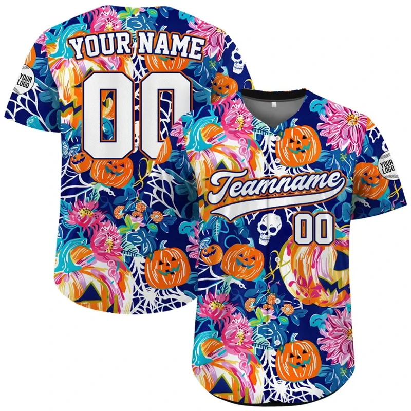 Custom Halloween Pumpkin Candy Baseball Jersey 3D Full Print Button‑Up Tops Unisex Casual Sports Shirts Holiday Party Cosplay