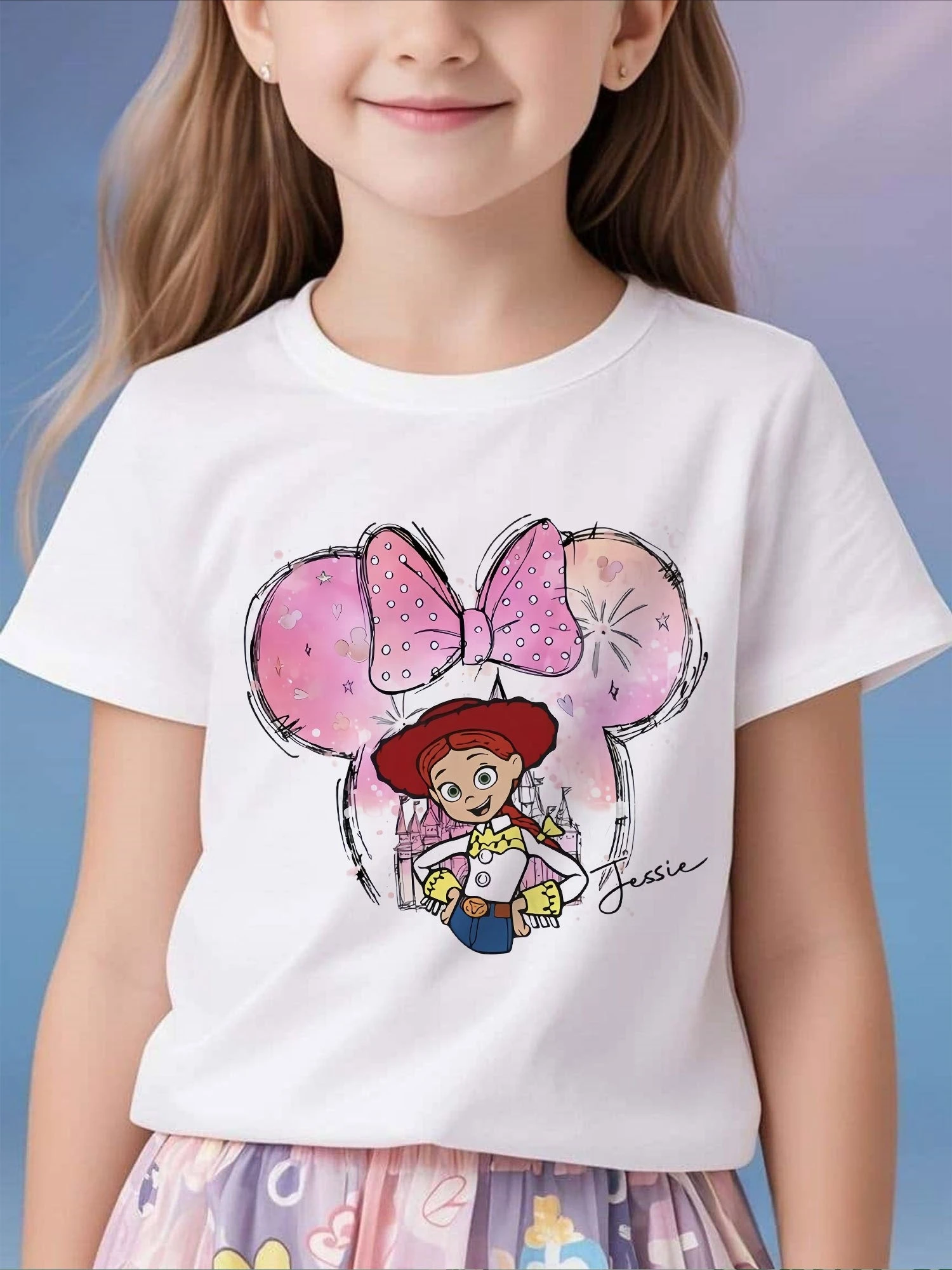 

Disney Jessie & Minnie Mouse Graphic Girls T-Shirt Short Sleeve Cotton Tees Kids Cartoon Y2k Tops Girl T-shirt Children Clothing