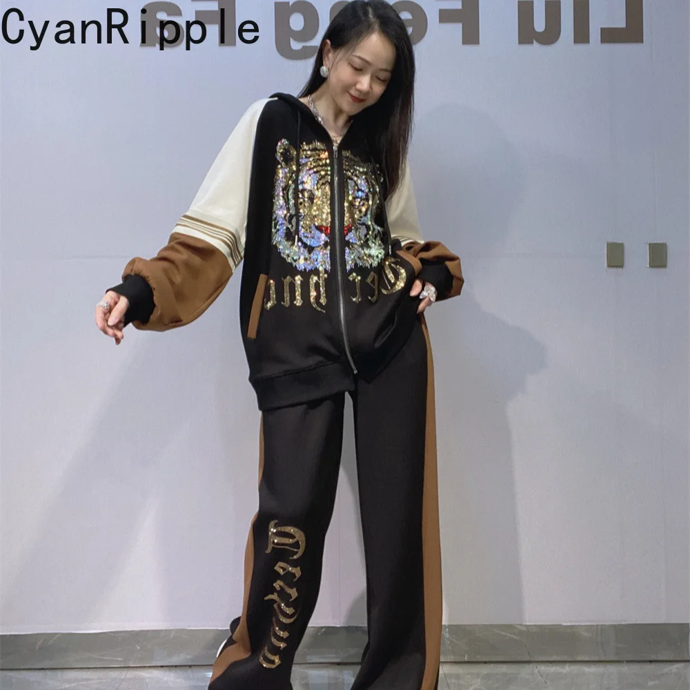 

Fashion New Spring Autumn Women Two-piece Set Hot Diamonds Tiger Hooded Zip Cardigans Coat + Elastic Waist Loose Straight Pants