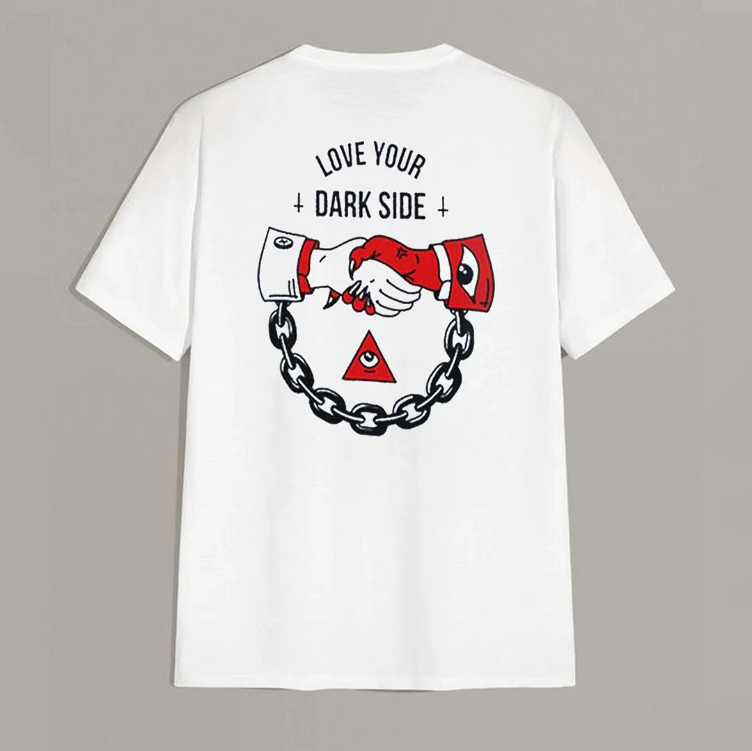 

2025 Gothic Dark Aesthetic Men's T-Shirt LOVE YOUR DARK SIDE Graphic Tee for Men Streetwear Punk Handshake Chain Symbol Top
