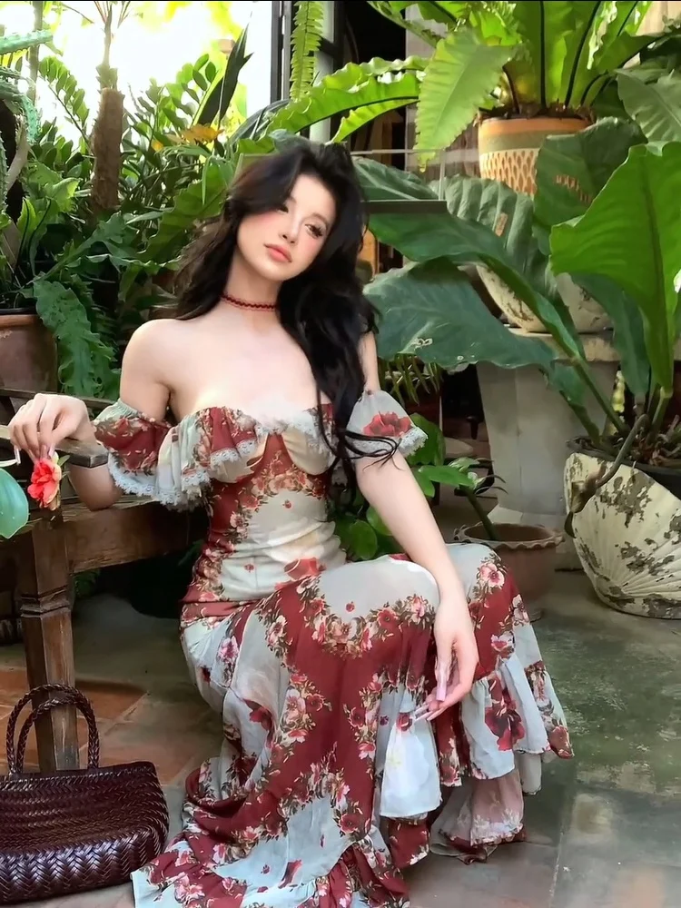 

Syj Удобное платье на одно плечо с принтом в стиле ретро для похудения, праздничная длинная юбка, летняя длинная юбка с высокой талией для поездок на работу