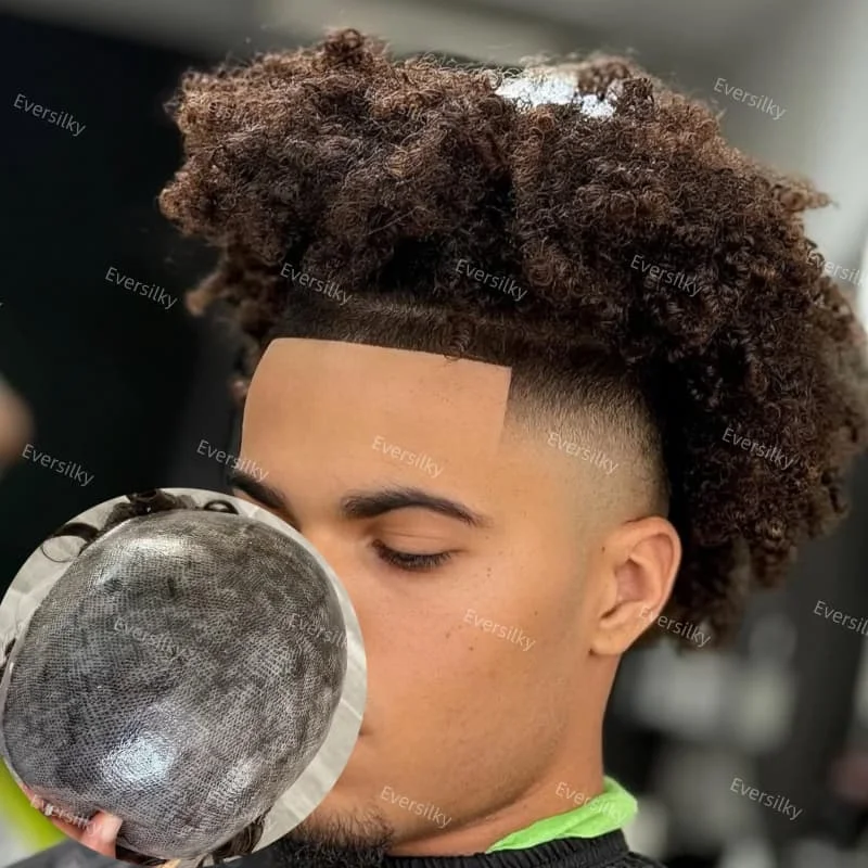 

Мужской капиллярный протез, невидимая линия волос, плотность 130%, полная основа из искусственной кожи, ультратонкая кожа, мужской парик 10 мм, афро вьющийся мужской парик