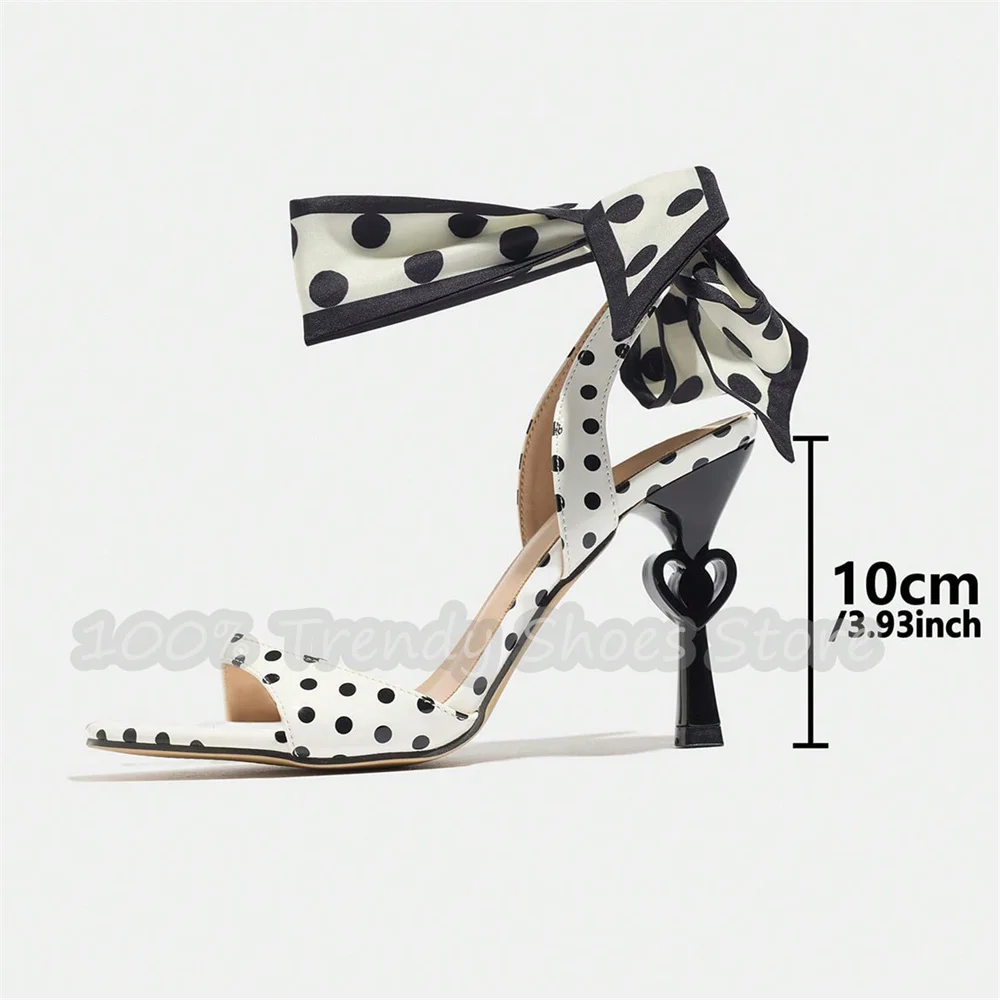 Polka Dot Bowknot Ankle Cross Strap Mules Women Open Toe Heart Decor Stiletto High Heel Sandals Wedding Club Party Dress Shoes - view 6