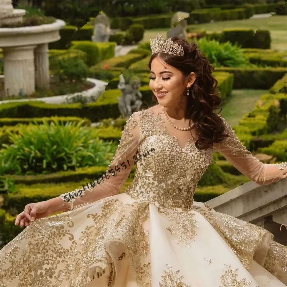 فساتين الشمبانيا الذهبية Quinceanera ، طويلة الأكمام ، برباط ، حلو ، 15 ، 16 ، فستان حفلة عيد ميلاد