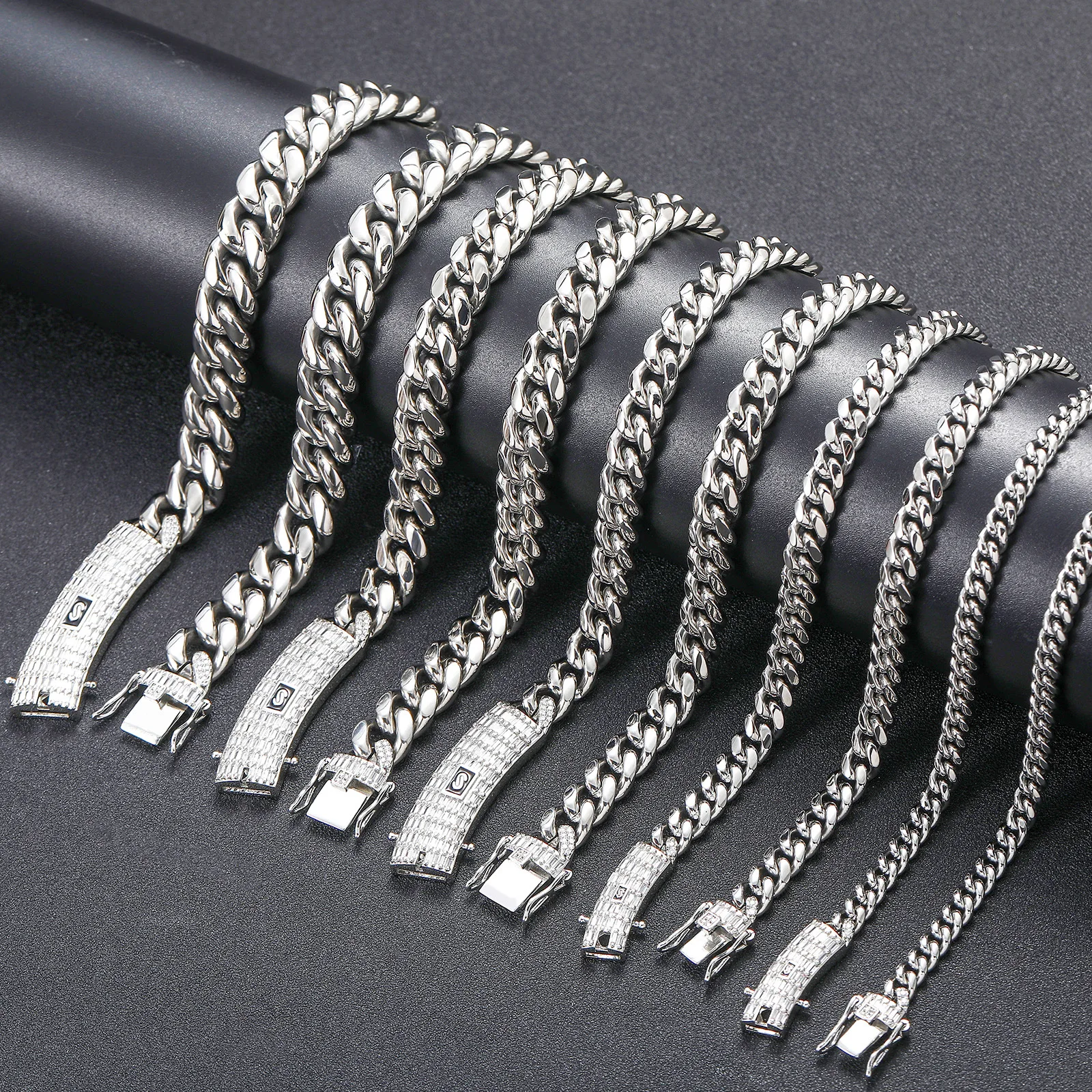 6/8/10/12/14mm Stainless Steel Cuban Chain Buckle Zircon Diamond Iced Out Necklaces For Men Women Fashion Hip Hop Jewelry