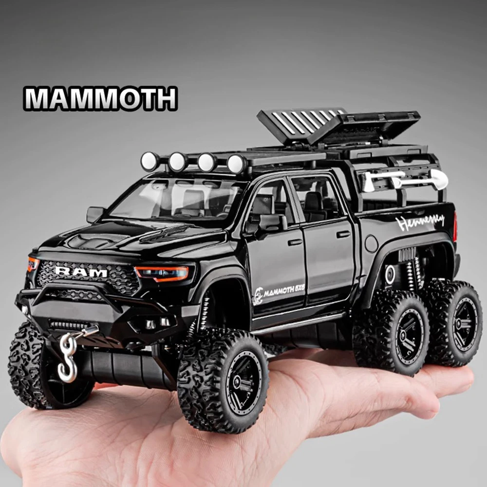 

1:32 RAM Mammoth 6x6 Alloy Model Toys Diecast Car with Sound Light Pull Back Doors Opened Rubber Tires Cars Children's Day Gifts
