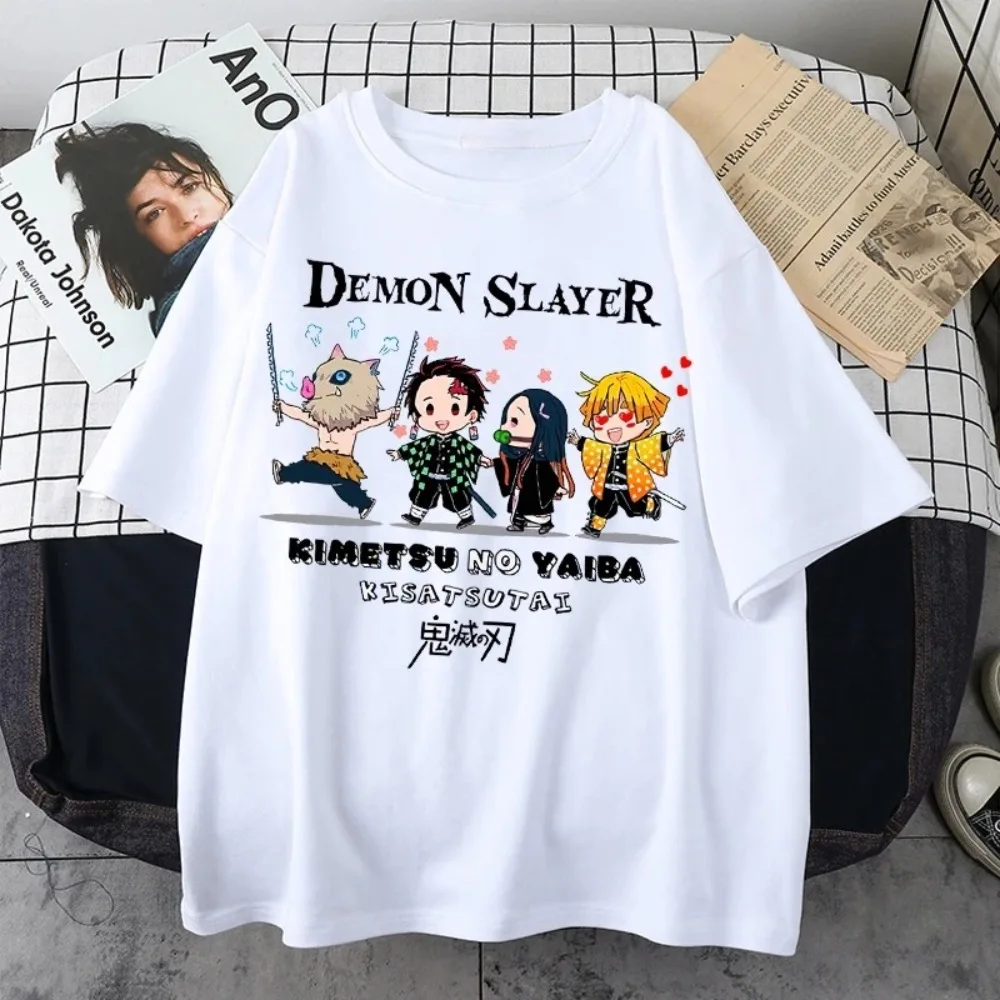 Demon Slayer Q Version Characters Cotton T-Shirt,Boys Girls Harajuku Streetwear Anime Short Sleeve Tee,Retro Casual Children Top