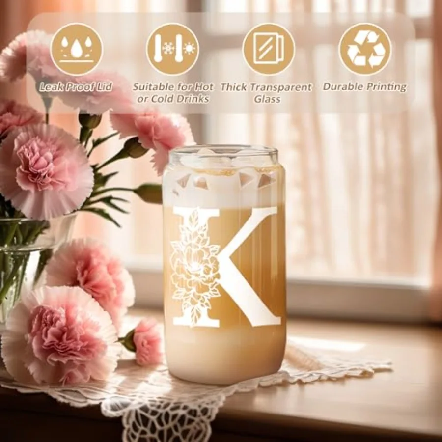 Initial Glass Cup, Monogrammed Gifts for Women, 16oz Glass Cups w/Lids Straws, Iced Coffee Smoothie Beer Tumbler w/Straw Lid, P