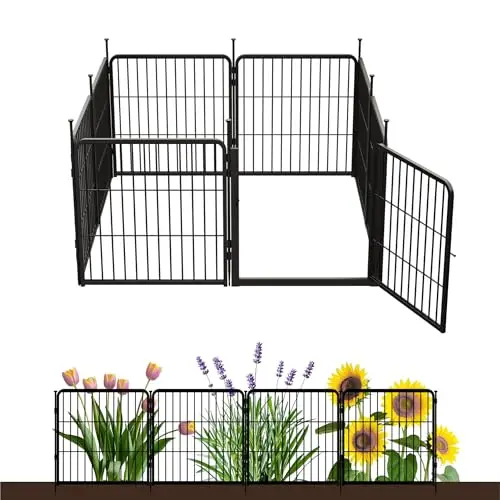 Garden Fence with Gate, 24 in(H) x 14.8 ft(L) 8 Panels Heavy Duty Metal Animal Barrier Fence for Yard, Suitable for
