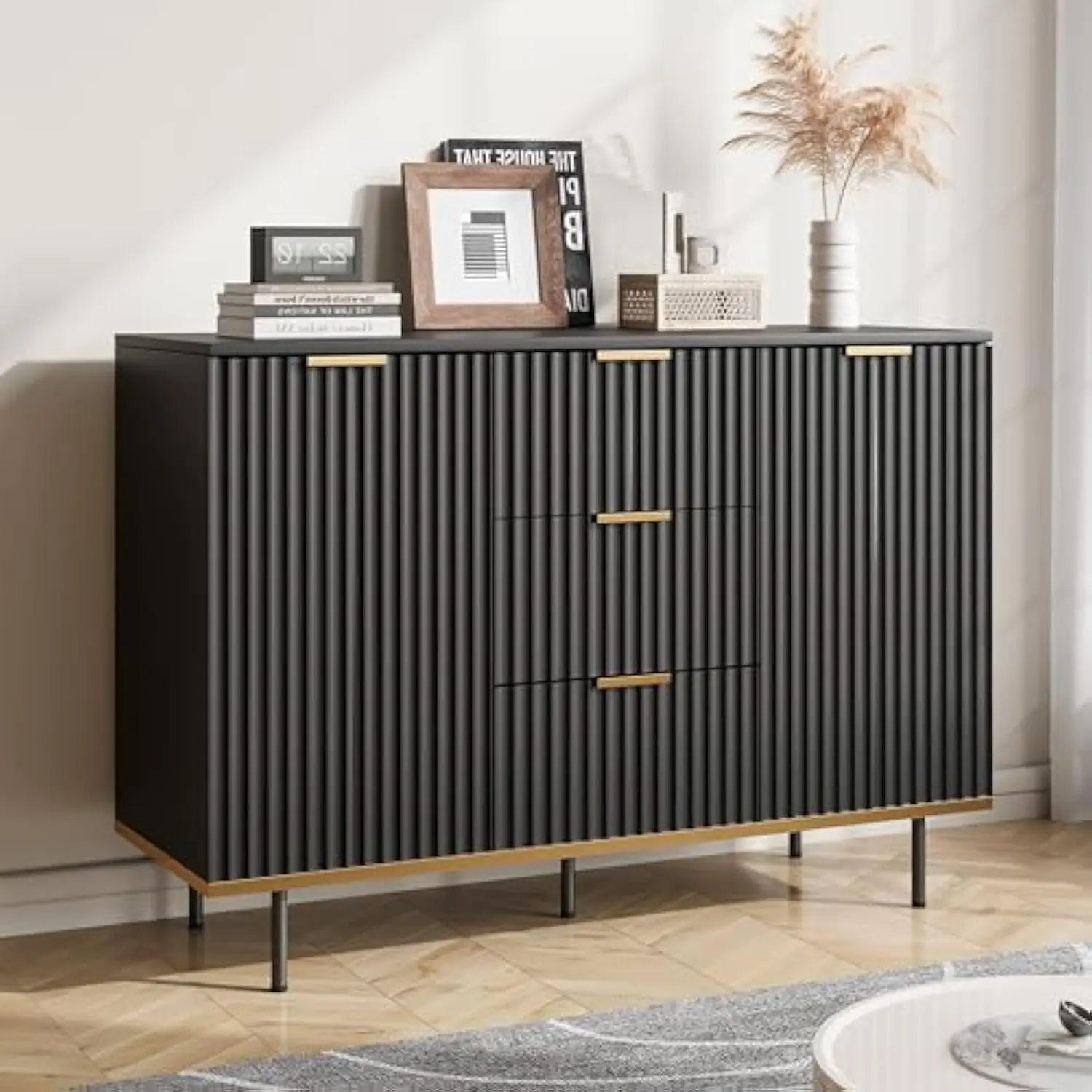 

Buffets & Sideboards, Fluted Sideboard Cabinet, 2 Door 3 Drawer Design, Acceent Black Sideboard - Elegant Cabinet Ideal for Din