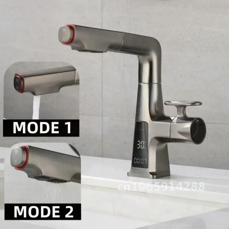 Waterfall Digital Temperature Display Bathroom Basin Faucet Brass Tap Sink And Bathroom Water Cold Pull Out New Mixer Hot