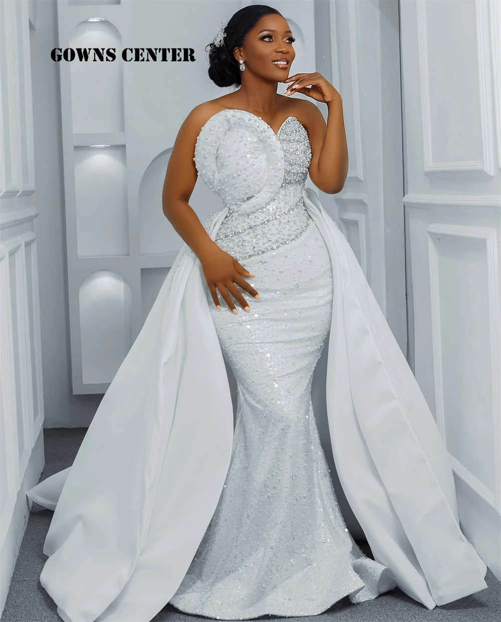 Strapless Aso Ebi Wedding Dresses For Brides 2025 Beads Pearls Crystals Detachable Train Mermaid African Bridal Gowns Customized