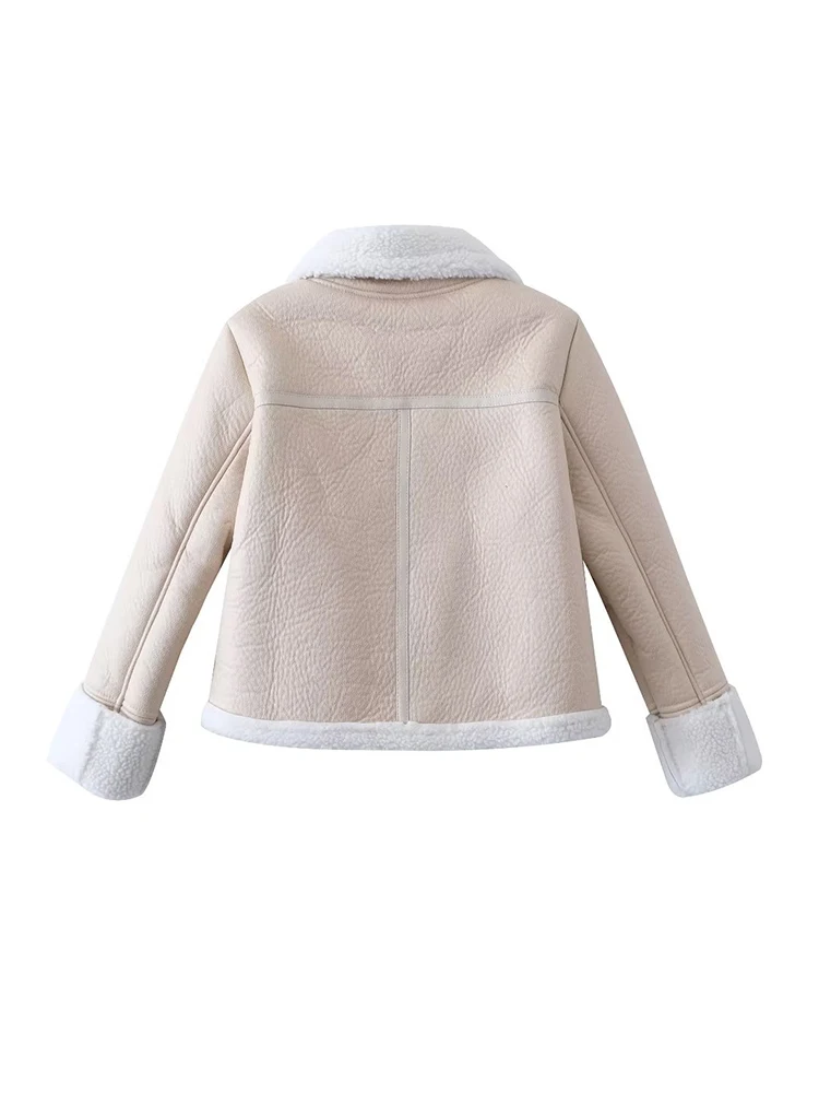 Vintage Women White Short Fleece Jacket 2023 Autumn-Winter Fashion Ladies Warm Faux Leather Thick Jackets Chic Female Outerwear