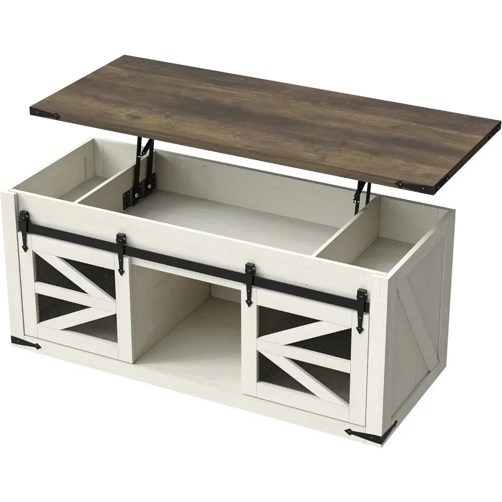 Mesa central de granja blanca de 47,3 pulgadas con puertas corredizas de malla de hierro, mesa de centro rectangular con tapa marrón rústica para sala de estar