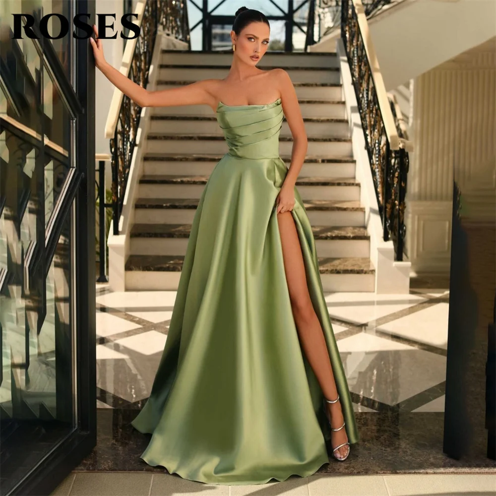 ROSES Green Prom Dress Strapless Sleeveless Evening Dress Simple A-Line Satin Party Dress Sexy Side High Split Robe De Soirée