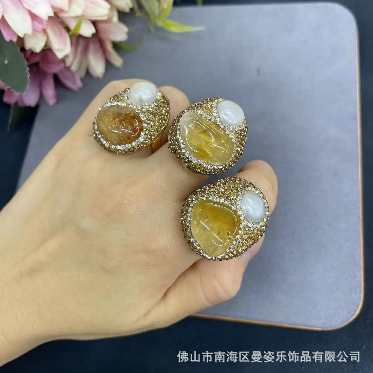 DIY accessories Natural citrine rough stone inlaid with baroque pearl live ring, natural stone niche jewelry hot-selling models