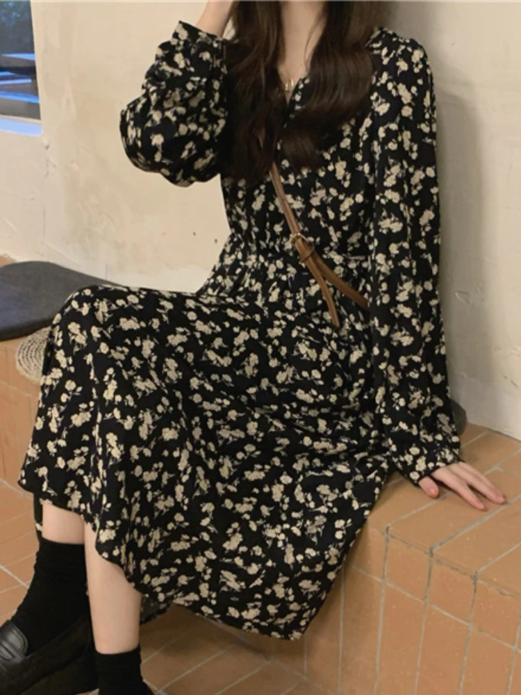 Dresses Women V-neck Floral Retro Trendy Leisure All-match Panelled Harajuku A-line Elegant Students Holiday Streetwear Loose