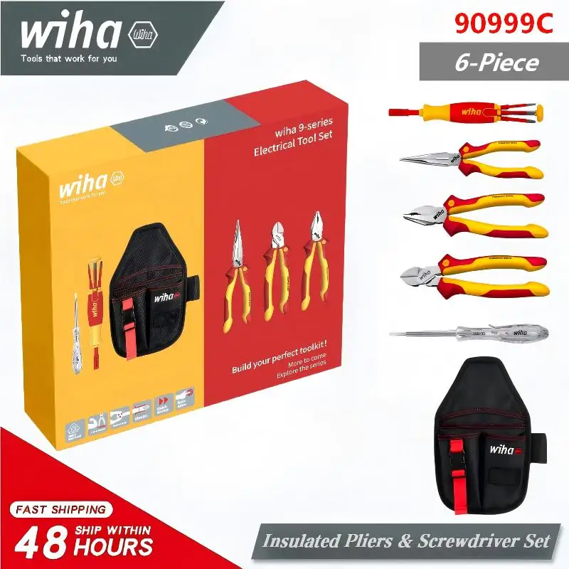 Wiha 90999C Juego de Herramientas para Electricista Aisladas VDE de 6 Piezas, 1000V, Alicates Multifuncionales, Juego de Destornilladores con Bolsa de Almacenamiento Portátil