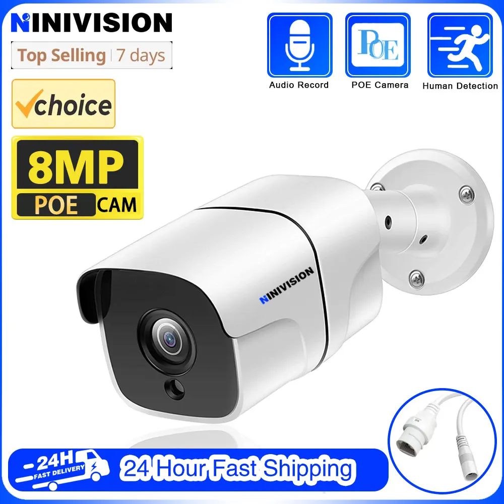 4K 8MP Outdoor Security POE Camera AI 98ft Night Vision IP Camera With Human Detection H.265+ Video Surveillance One-Way Audio