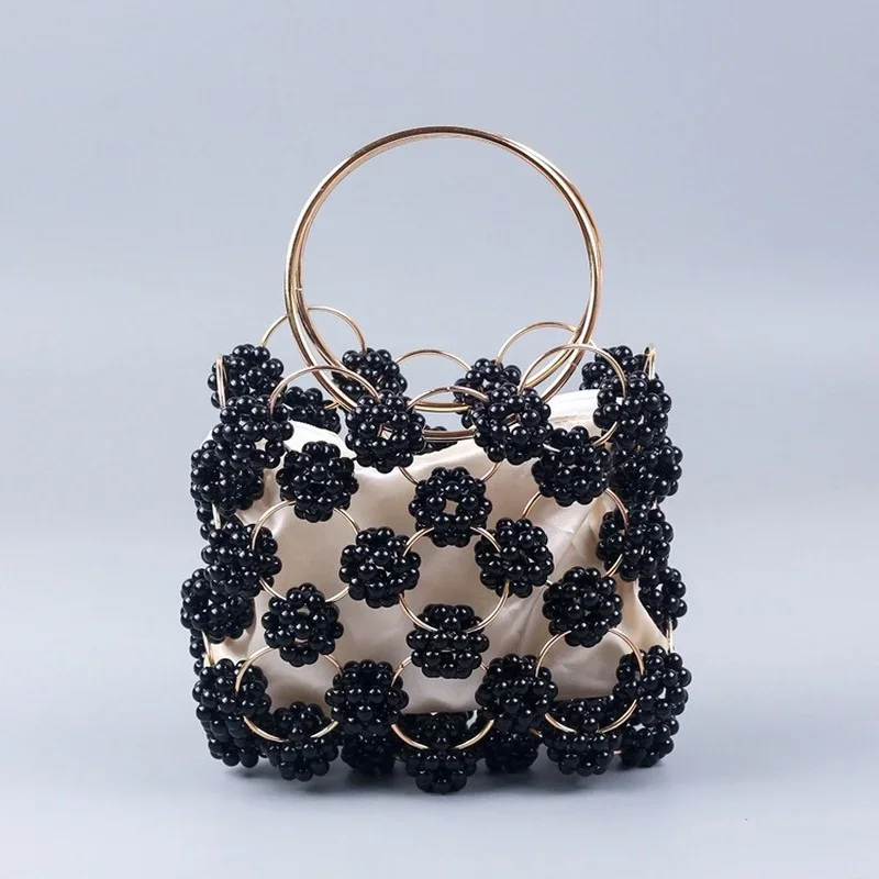 

New Arrivals Handmade Black Ball Beaded Handbag Gold Metal Handle Elegant Women's Bag High Quality Hollow Out Evening Bag Clutch