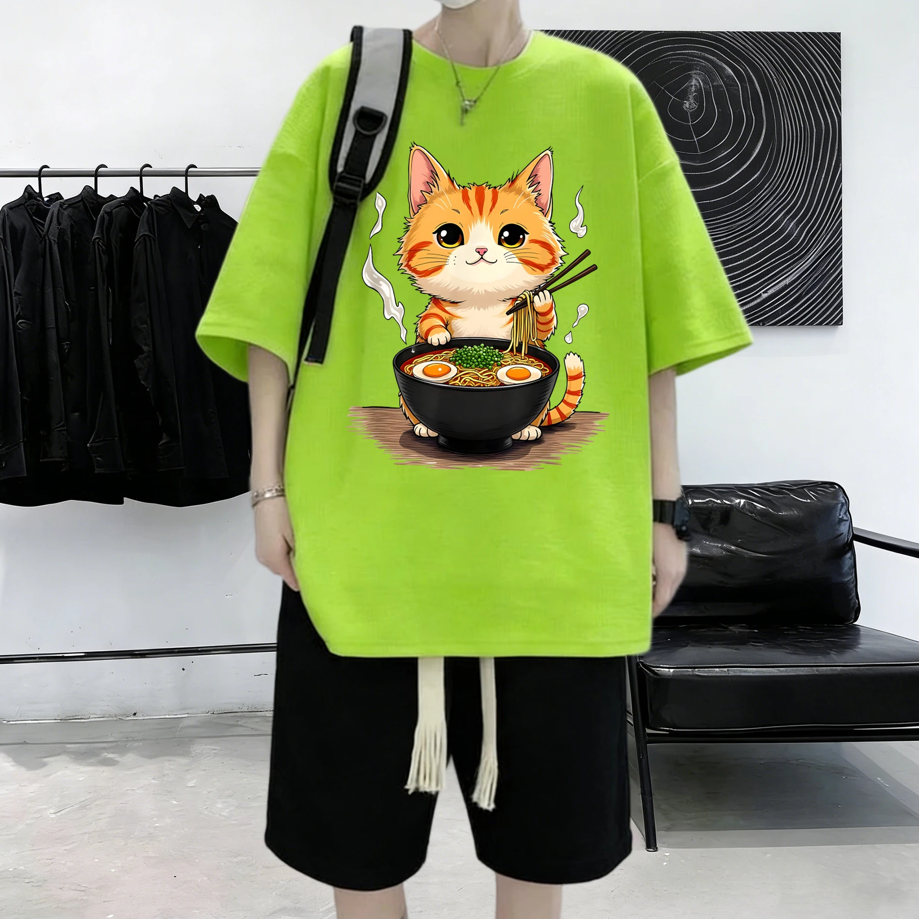Kitten Who Likes To Eat Lamian Noodles Printing Men'S Summer Cotton Short Sleeve Fashion Street T Shirts Loose Sport Clothes