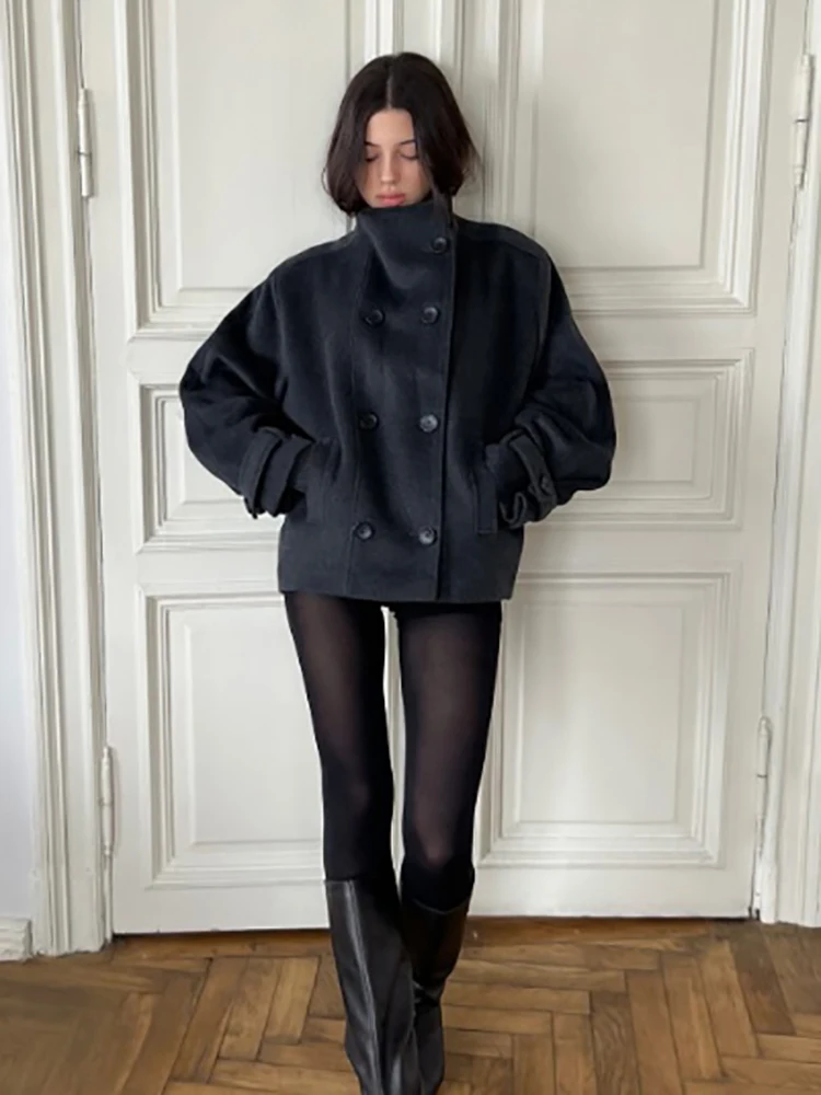 2026 Modischer Grauer Kunstwollmantel für Damen, Minimalistischer Stehkragen, Doppelreihige Lose Jacke, Frühling/Herbst, Einfarbige Damen-Oberbekleidung, Neu – Detail 15