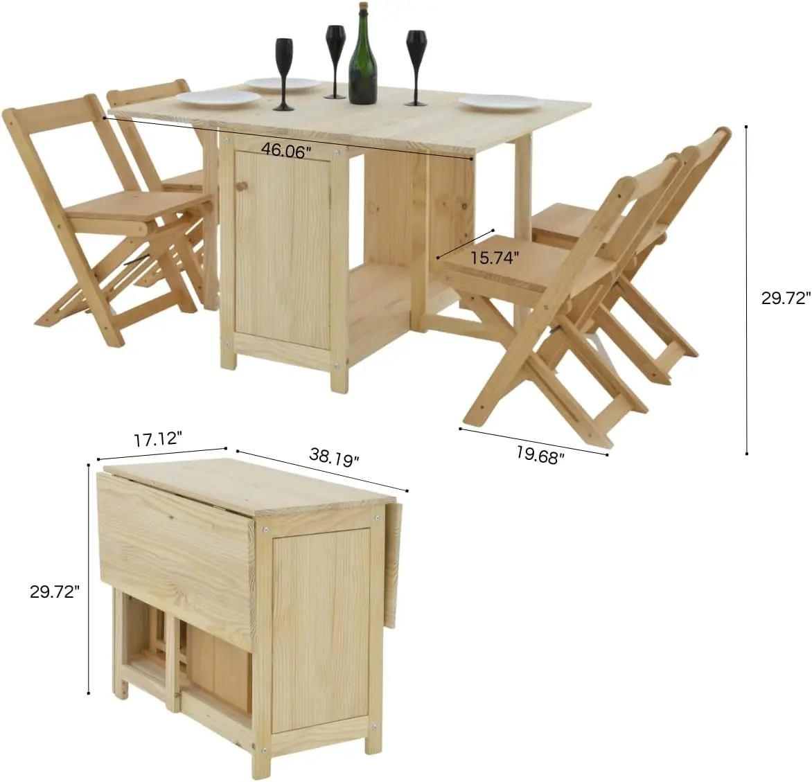 Solid Wood Folding Dining Table And Chair Set With Storage – Foldable Dining Table, Small Drop Leaf Kitchen Table, Perfect For