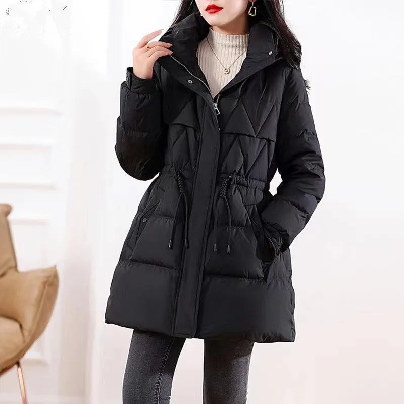 Mittellange Damenmodelle sehen dünn aus, Winter, neue Mode, verdickte Baumwolle, gepolsterte Kleidung, Taille, Daunen, schmal geschnittene, bequeme Jacke