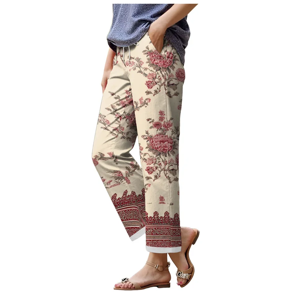 2026 Summer Women's Cotton Linen Harem Pants Fashion Floral Printed Pocket Beach Pants Vacation Style Boho Straight Trousers