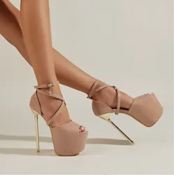 Summer Fish Mouth Extreme High Heel Women's Sexy Metal Chain Ankle Strap Stiletto Party Wedding Stripper Shoes Platform Pumps PU