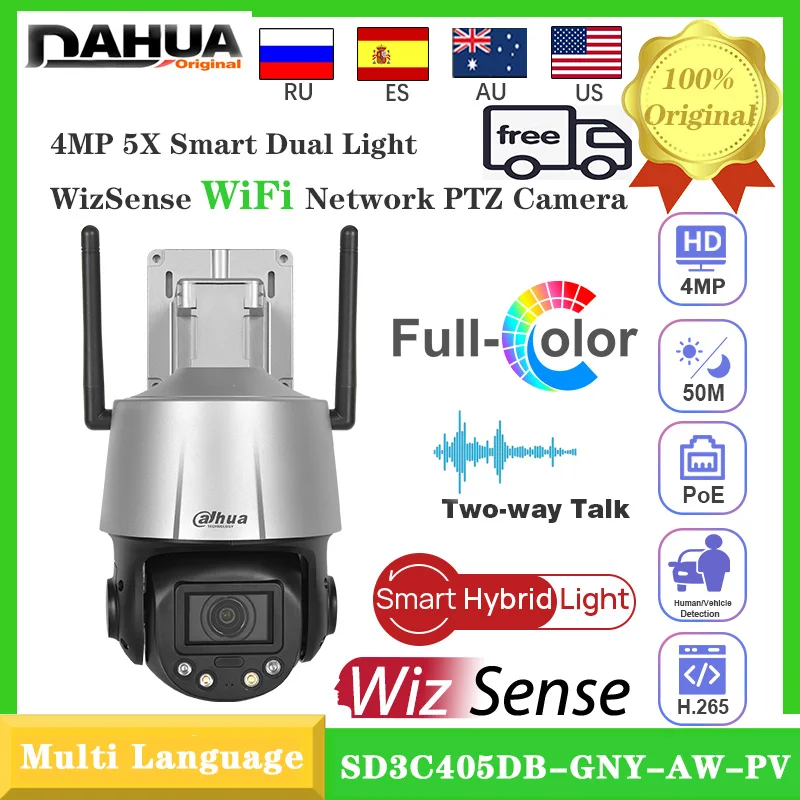 

Original Dahua SD3C405DB-GNY-AW-PV 4MP 2.7–13.5mm 5X Smart Dual Light WizSense Wi-Fi Network PTZ Camera Two-way Talk SMD 3.0