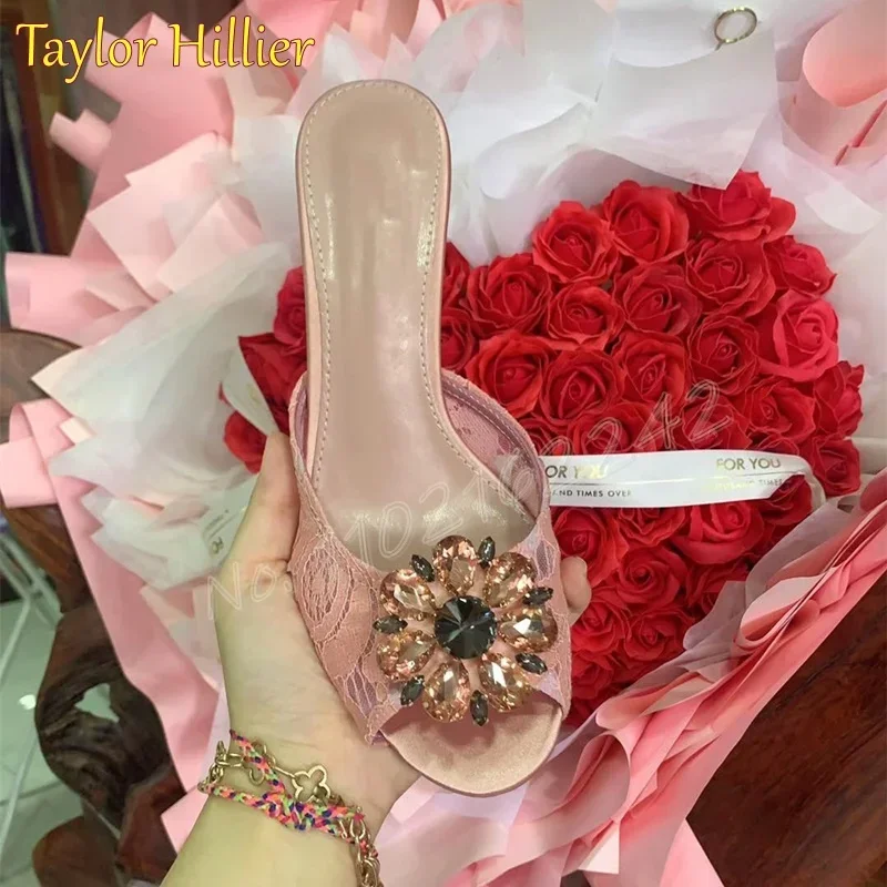 

Women'S Pink Lace Mesh Open Toe Slippers Crystal Decoration Round Toe Stiletto Slippers Sexy Luxury Dress Wedding Slippers 46