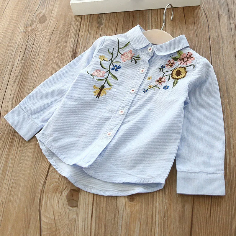 Spring And Autumn Clothes Kids Blouse Korean Girl Long-Sleeved Lapel Shirt Children Embroidery Flower Shirt Children Clothing