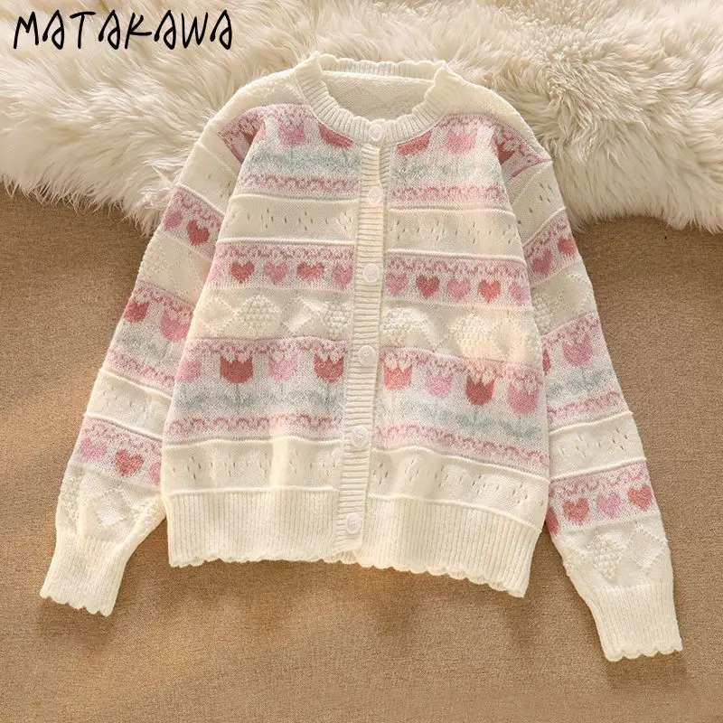 Matakawa Hollow Out Print Heart Women Cardigans Autumn Winter Thin Sweaters Korean Fashion Sweet Simple Elegant Sueter Mujer