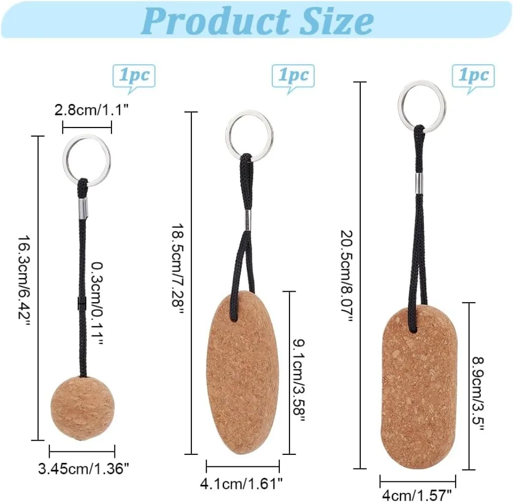 3 Pcs 3 Styles Floating Cork Keychains Round/Oval/Rectangle Floating Keychain Wood Charms Pendant with Iron Ring for Bag