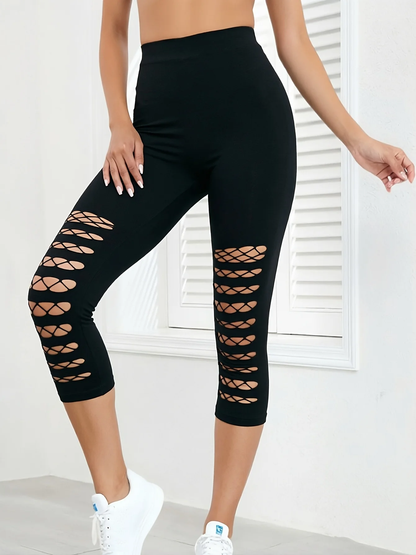 New Black Openwork Mesh Capris Leggings Stretchy Breathable Soft Sports Fitness Pants Everyday Wear Stylish Casual Tights