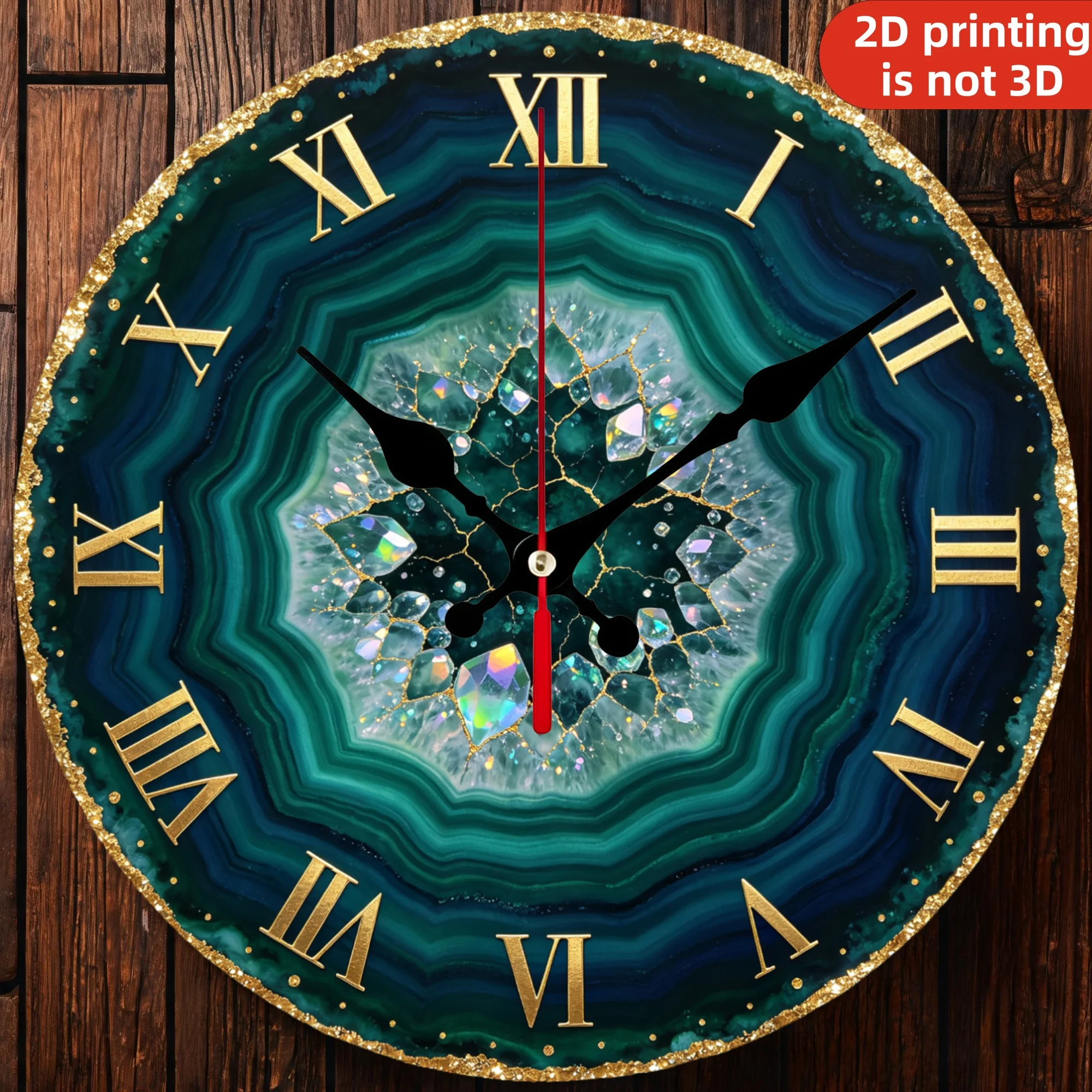 Emerald Green Geode Agate Wooden Wall Clock, 10/12 Inch Round Wood Clock, Silent Non Ticking Quartz Movement, Gold Rim Crystal Stone Gem Printed Home Decor